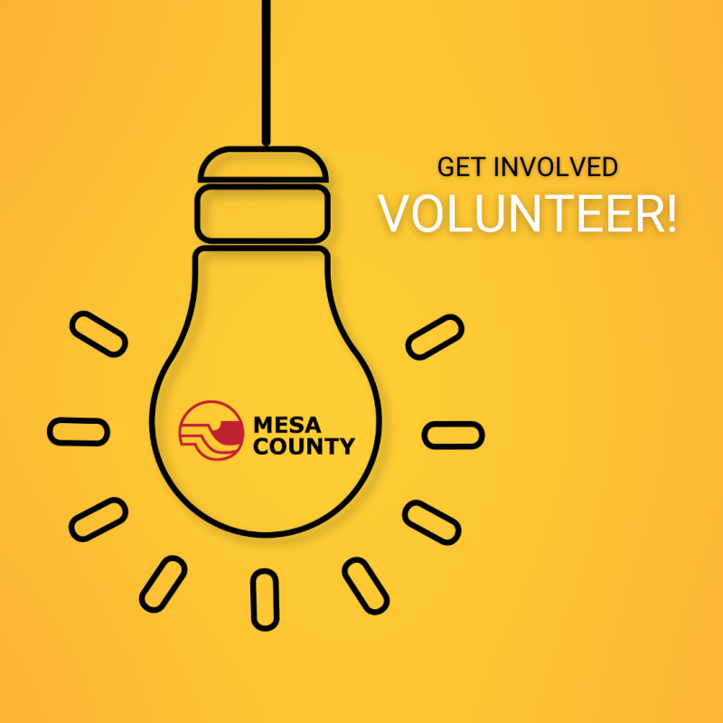 Yellow background with hanging lightbulb and text reading, get involved, volunteer!
