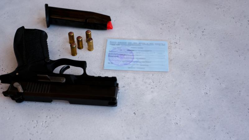 Photograph of 9mm gun, clip, bullets, and concealed carry permit.