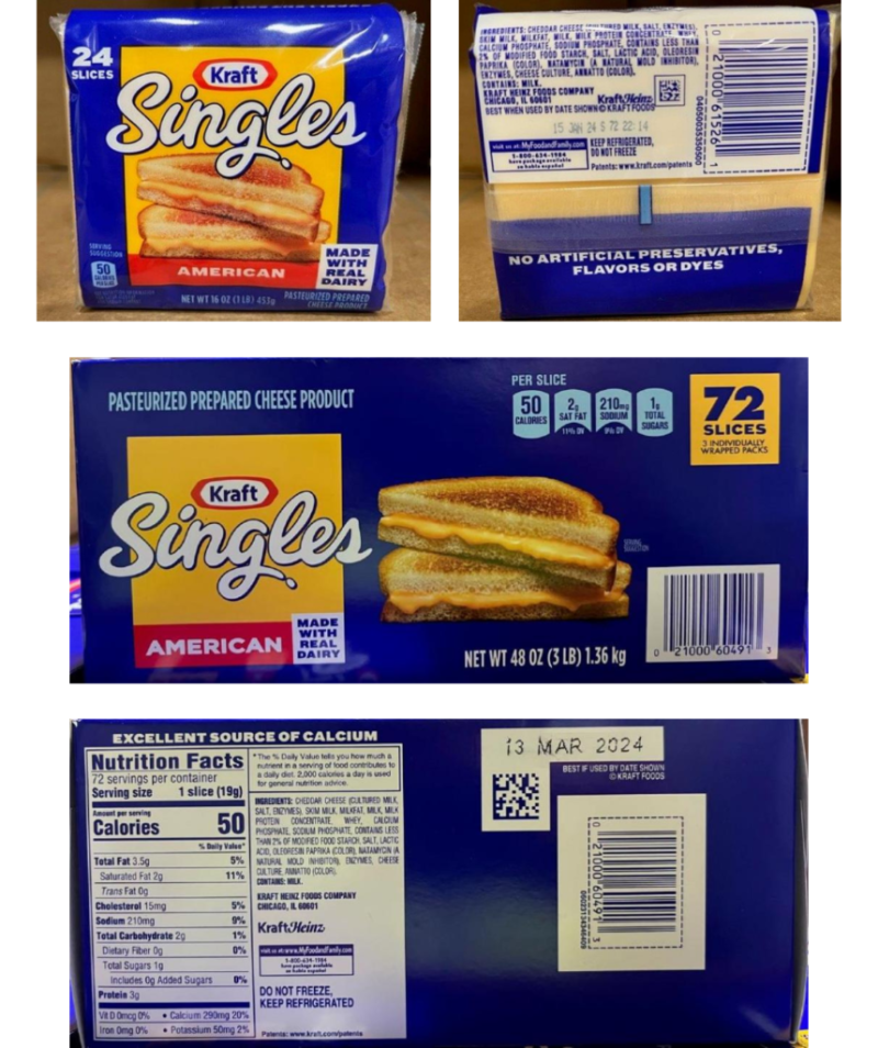 Views of Kraft Cheese Singles packaging.