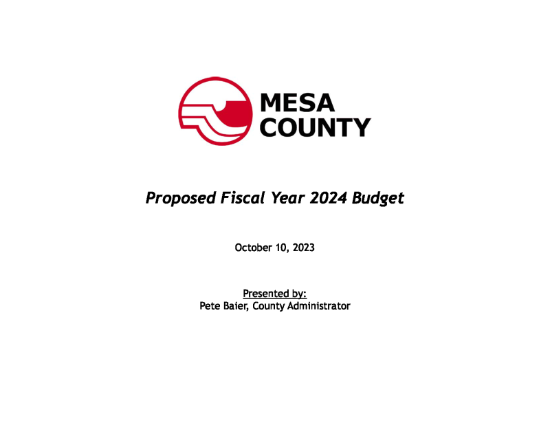 Red Mesa County logo and black text reading "Proposed Fiscal Year 2024 Budget".