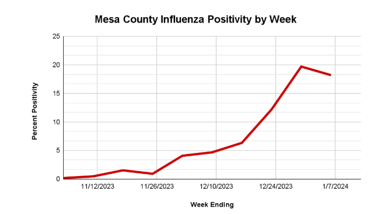 Graph showing the percentage of flu tests that are positive compared to all flu tests on a weekly basis starting in November of 2023.