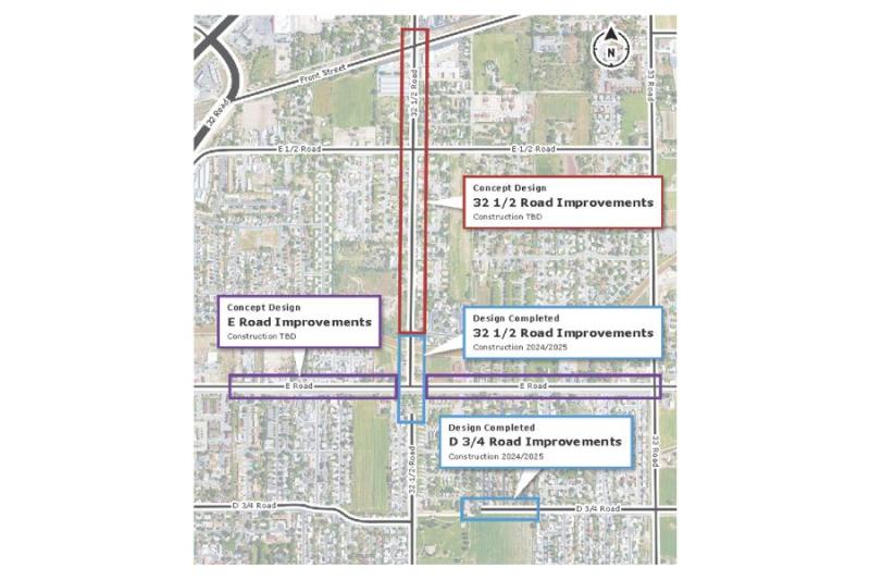 Map outlining areas of work on the 32 1⁄2 Road Corridor and E Road Corridor Improvement Projects in purple, red, and blue. 