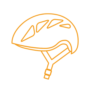Orange abstract outline of a bicycle helmet.