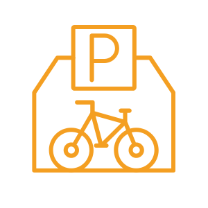 Orange abstract outline of a bike with a parking sign above it.