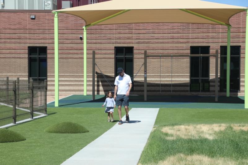 Man and toddler walking in park holding hands. 