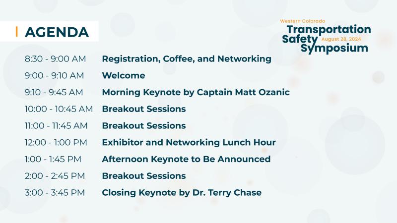 8:30 - 9:00 AM: Registration, Coffee, and Networking. 9:00 - 9:45 AM: Welcome and Morning Keynote by Captain Matt Ozanic. 10:00 - 10:45 AM: Breakout Sessions. 11:00 - 11:45 AM: Breakout Sessions. 12:00 - 1:00 PM: Exhibitor and Networking Lunch Hour. 1:00 - 1:45 PM: Afternoon Keynote to Be Announced. 2:00 - 2:45 PM: Breakout Sessions. 3:00 - 3:45 PM: Closing Keynote by Dr. Terry Chase.
