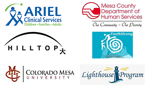 Logos for Ariel Clinical Services, Mesa County Department of Human Services, Hilltop, Western Colorado Community Foundation, CMU, and the Lighthouse Program. 
