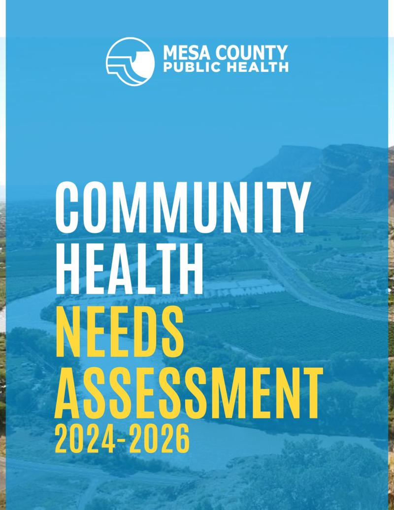 Cover of the Community Health Needs Assessment document. It is blue with white and yellow lettering.