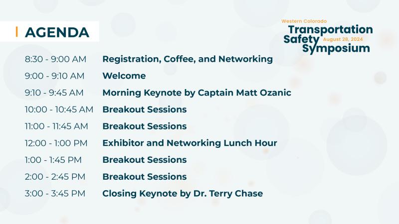 8:30 - 9:00 AM: Registration, Coffee, and Networking. 9:00 - 9:45 AM: Welcome and Morning Keynote by Captain Matt Ozanic. 10:00 - 10:45 AM: Breakout Sessions. 11:00 - 11:45 AM: Breakout Sessions. 12:00 - 1:00 PM: Exhibitor and Networking Lunch Hour. 1:00 - 1:45 PM: Breakout Sessions. 2:00 - 2:45 PM: Breakout Sessions. 3:00 - 3:45 PM: Closing Keynote by Dr. Terry Chase.