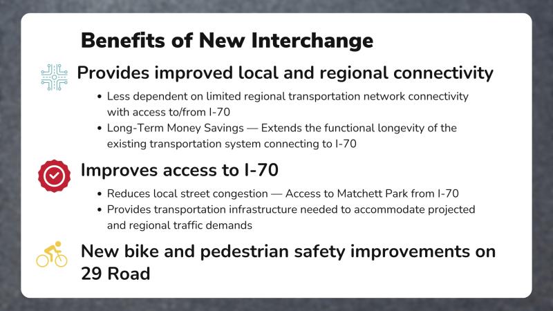 Slide titled "Benefits of New Interchange," with three items listed. 