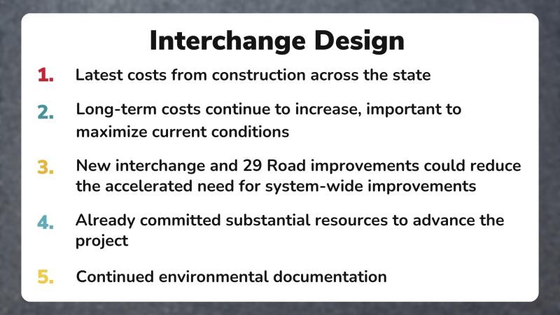 Slide titled, "Interchange Design," with colored numbered list. 