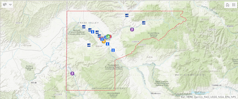 Screen shot of the Mesa County Facilities Map that shows the buildings supported by our Facilities department