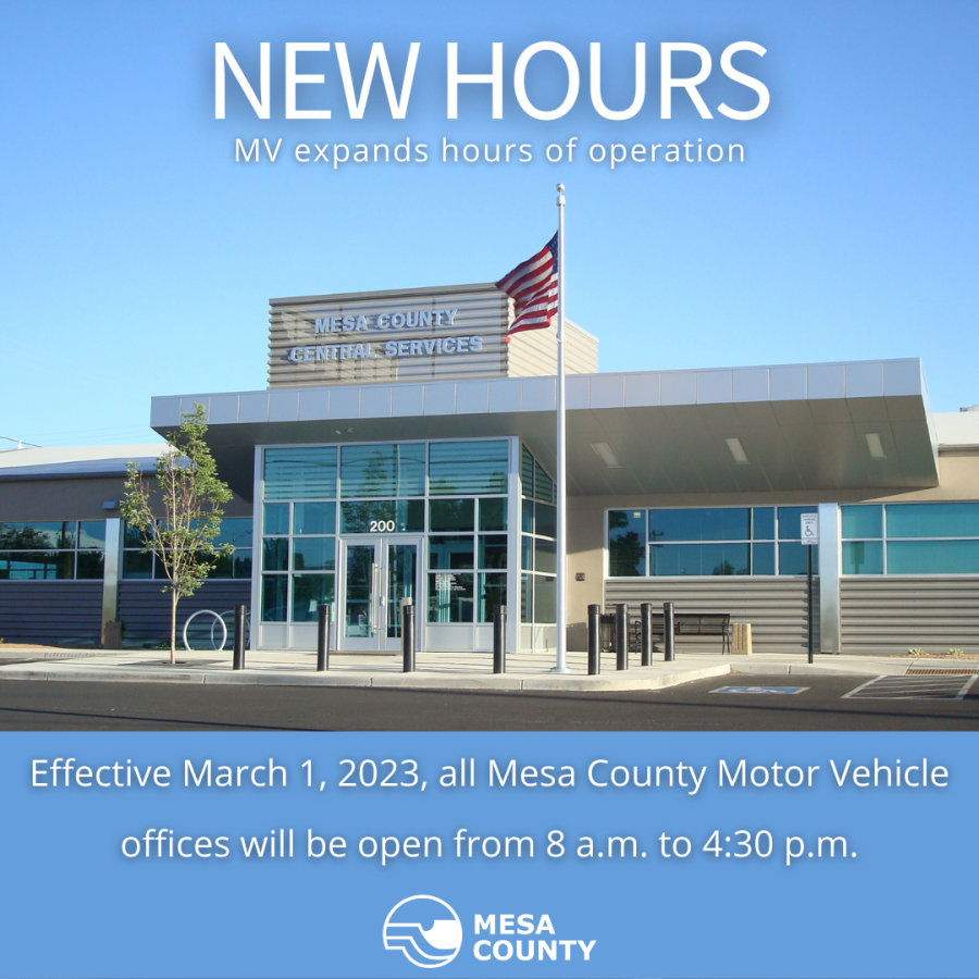 Picture of the Mesa County Central Services building showcasing new hours of operation for MV offices 