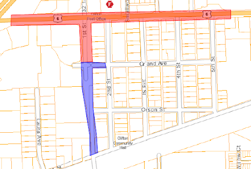 Map of road work at 1st and Hwy 6 in Clifton. Red line along Hwy 6 in Clifton and down 1st Street until Grand Ave indicates CDOT's project. Blue line on 1st Street from Grand Ave down indicates Mesa County's project.