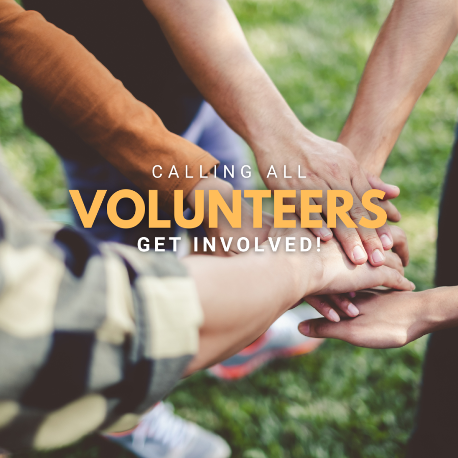Teamwork hands together with text across calling all volunteers to get involved.