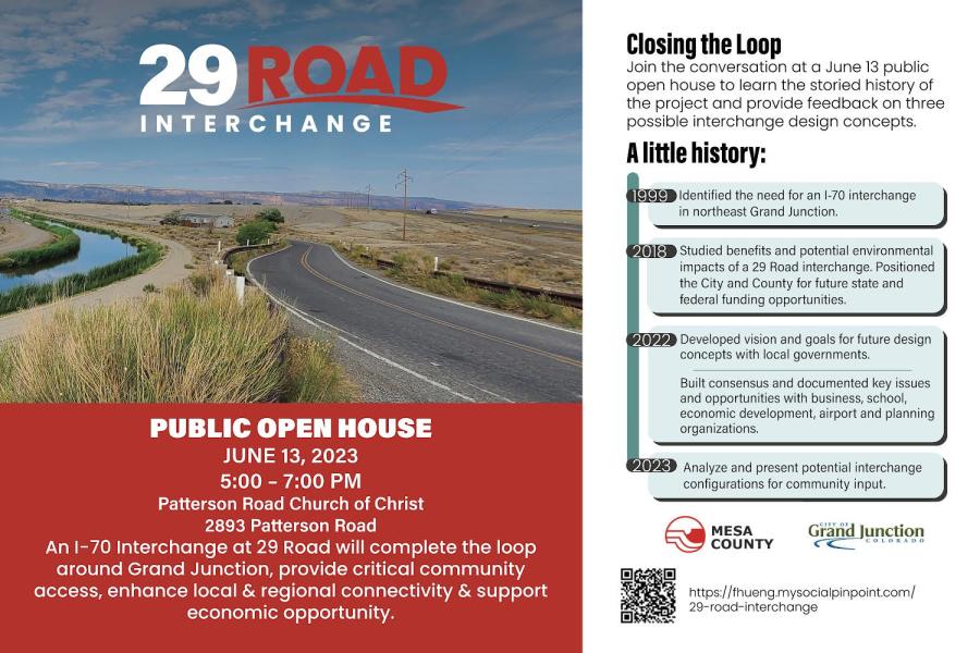 Image of postcard inviting the community to attend a public open house to discuss a new I-70 interchange at 29 Road on Tuesday, June 13, from 5 – 7 p.m. at the Grand Junction Church of Christ at 2893 Patterson Road