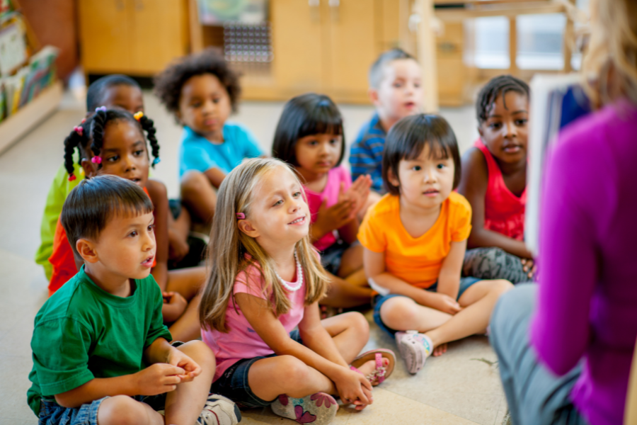 A group of preschool students sit on floor listening to their teacher read a book.