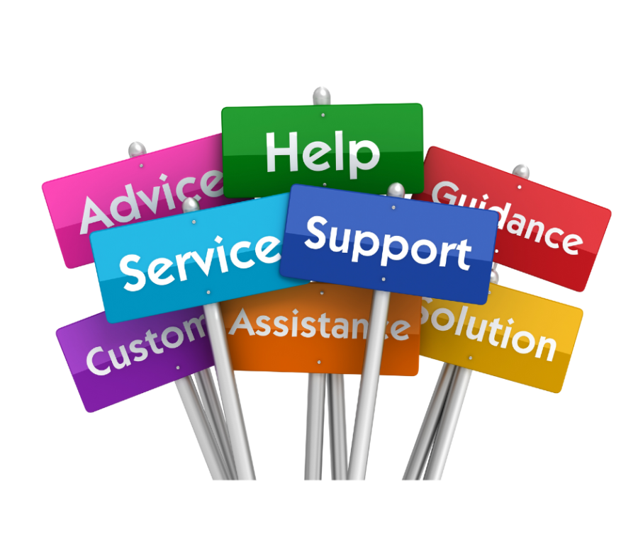 A graphic displaying sings of support, service, advice, guidance, assistance
