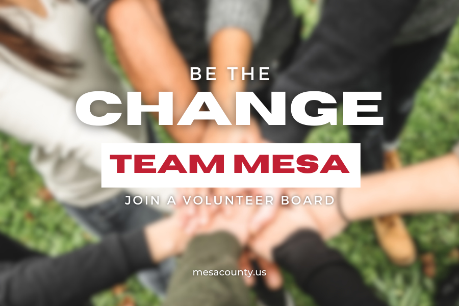 Graphic reading "Be the Change, Team Mesa, Join a Volunteer Board" 