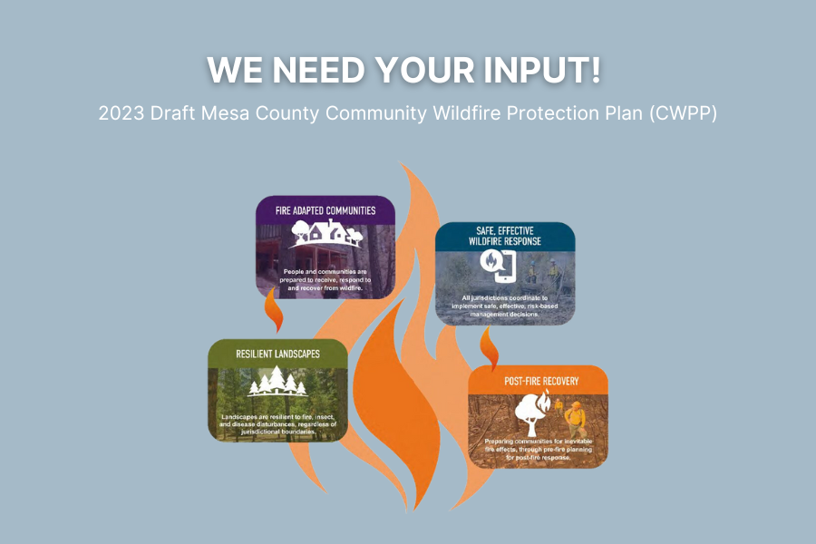 Graphic including orange fire element reading "WE NEED YOUR INPUT 2023 Draft Mesa Cou7nty Community Wildfire Protection Plan (CWPP)"