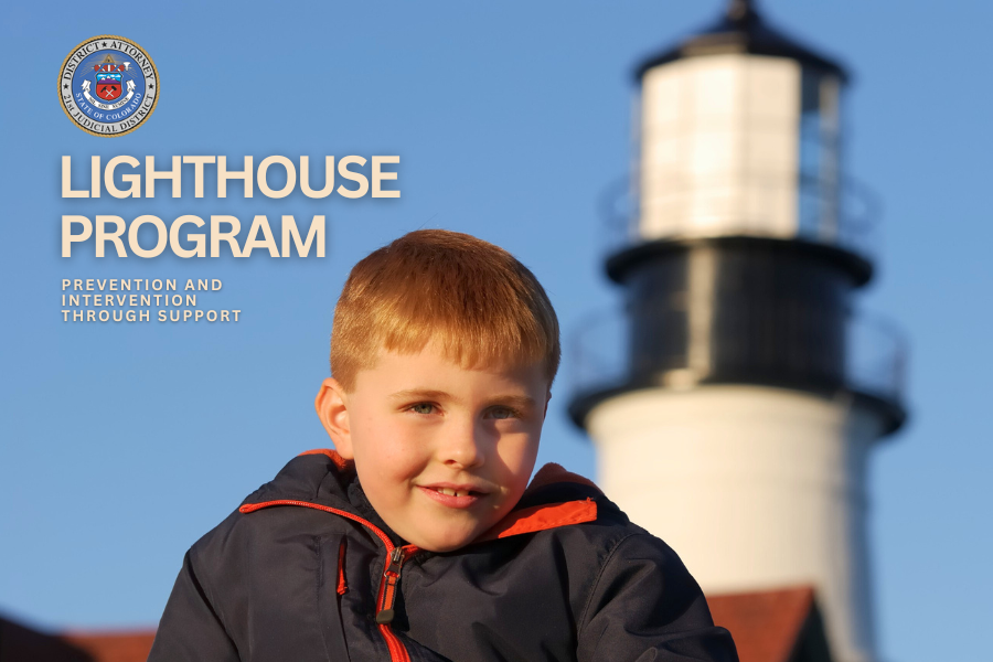 Young boy sitting in front of lighthouse with text reading "Lighthouse Program".