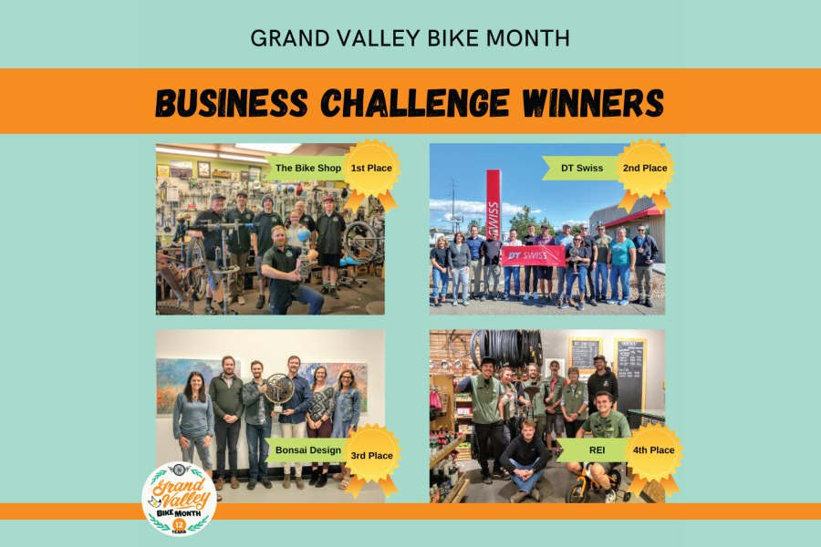2023 Grand Valley Fall Bike Month Business Challenge winners holding their trophies. 