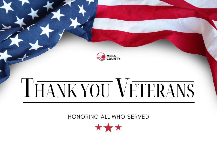 American flag on top half of graphic and white background with black text reading "Thank you, veterans!"