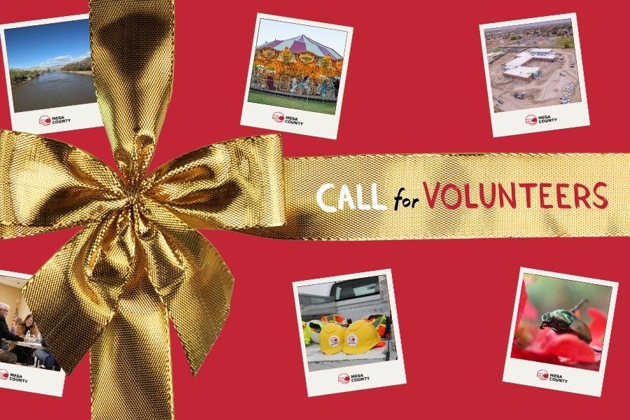 Red present with gold bow and 6 polaroid pictures with text reading "Call for volunteers".