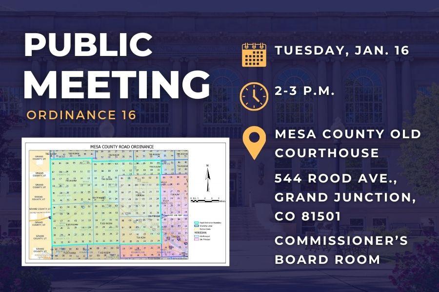 Blue graphic with white and yellow text reading, "PUBLIC MEETING" and a colorful map displaying proposed Ordinance 16. 