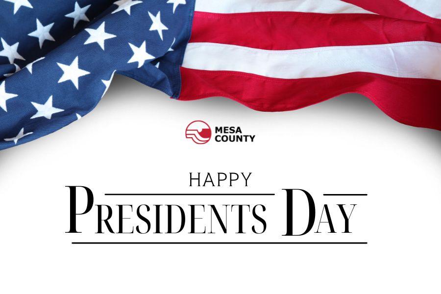 American flag drapes over white background with black text reading "HAPPY Presidents Day."