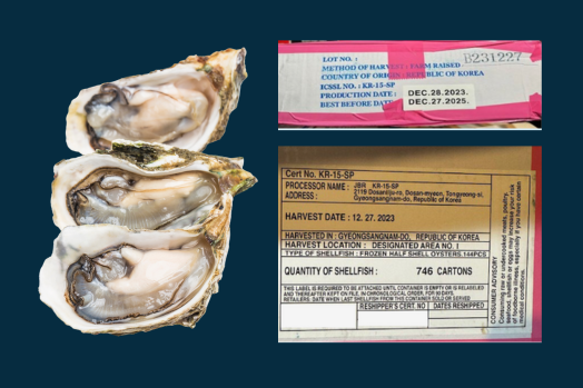 Three half-shell oysters next to two examples of packaging from the recalled oyster products.