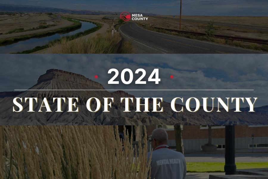 Roads, Mt. Garfield, and the back of a man's head wearing a shirt that says, "mental health", with white text reading, "2024 State of the County," and the Mesa County logo above it. 