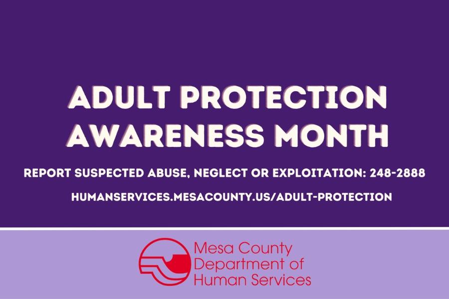 Purple background with white text reading, "ADULT PROTECTION AWARNESS MONTH."