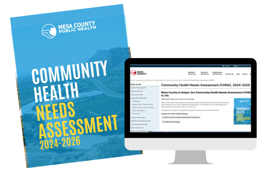 Blue cover of report computer screen showing close-up image of Community Health Needs Assessment.