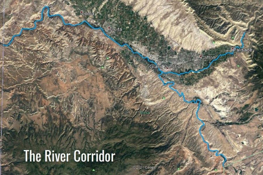 Map of Mesa County Colorado showing the river corridor in blue with white text reading, "The River Corridor."