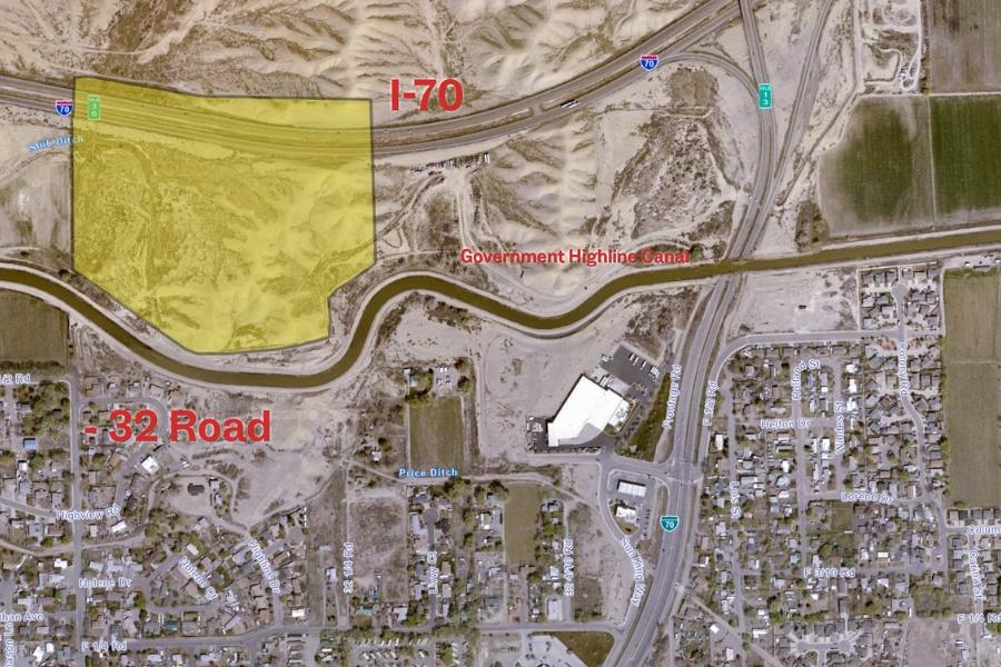 Aerial view of map in Mesa County with yellow area highlighted. 