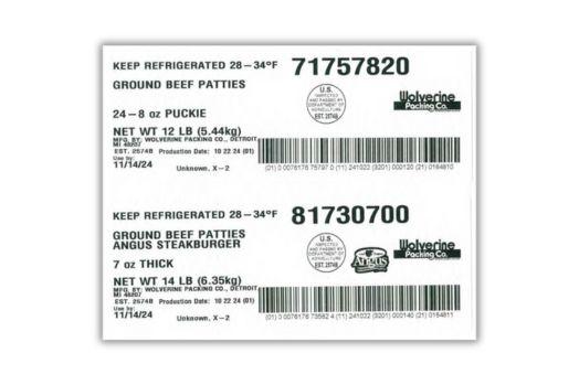 A label for ground beef patties showing weight and use by date for product from Wolverine Packing Co.