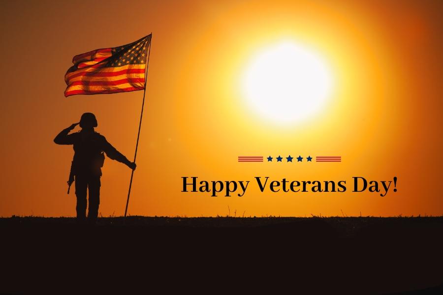 Solider holding American flag with black text reading, "Happy Veterans Day!"